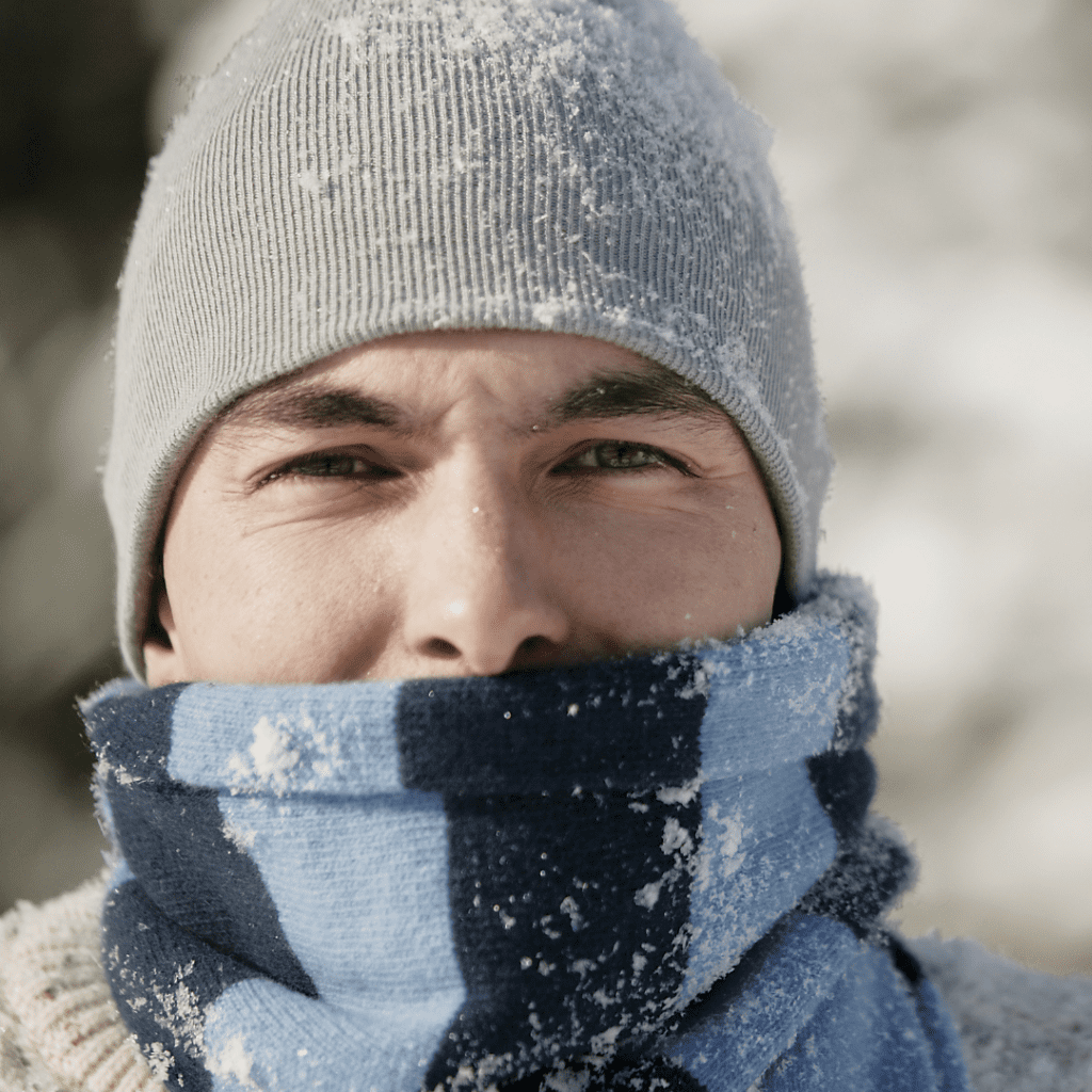 Un hombre lleva una bufanda y un gorro con algo de nieve.